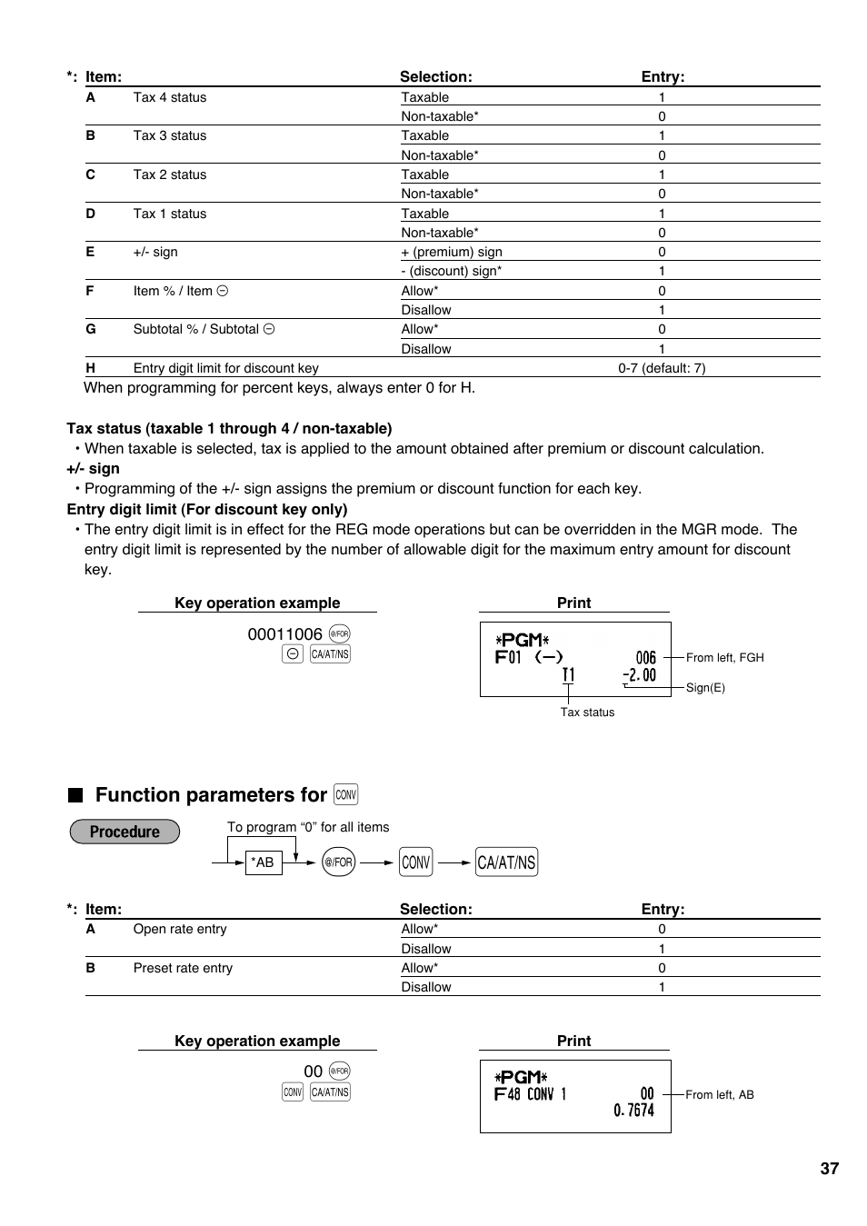 Function parameters for [conv, Function parameters for | Sharp electronic cash register XE-A20S User Manual | Page 39 / 108