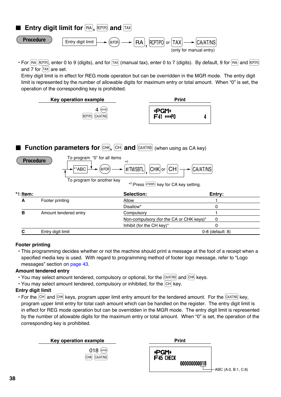 Entry digit limit for [ra], [rcpt/po] and [tax, Entry digit limit for, Function parameters for | When using as ca key), A@ r | Sharp electronic cash register XE-A20S User Manual | Page 40 / 108