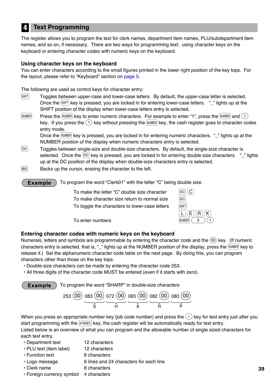 4 text programming, N 0 1 | Sharp electronic cash register XE-A20S User Manual | Page 41 / 108