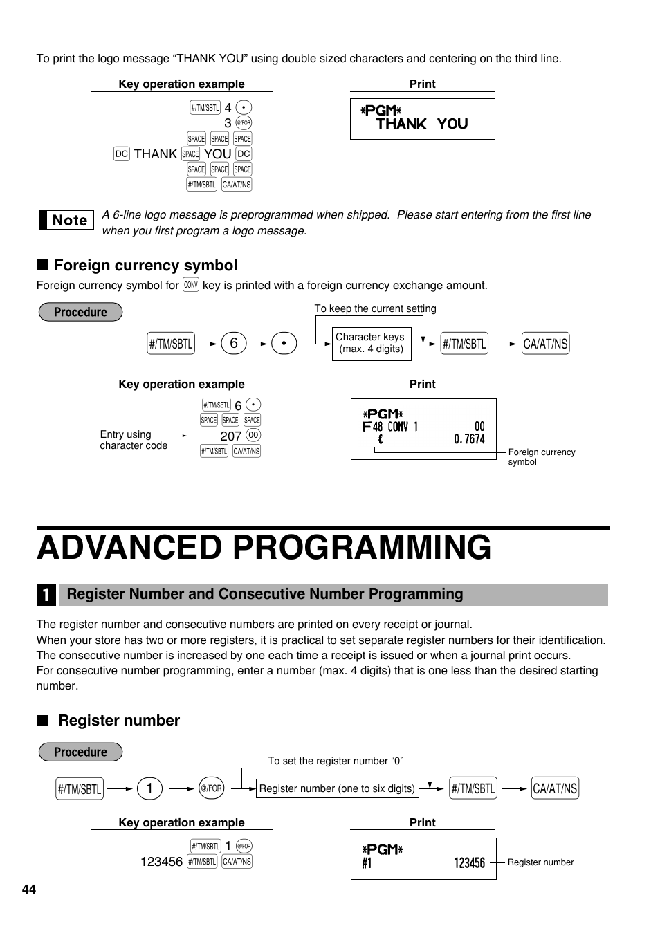 Foreign currency symbol, Advanced programming, Register number | Sp 6, 1s @ s a | Sharp electronic cash register XE-A20S User Manual | Page 46 / 108