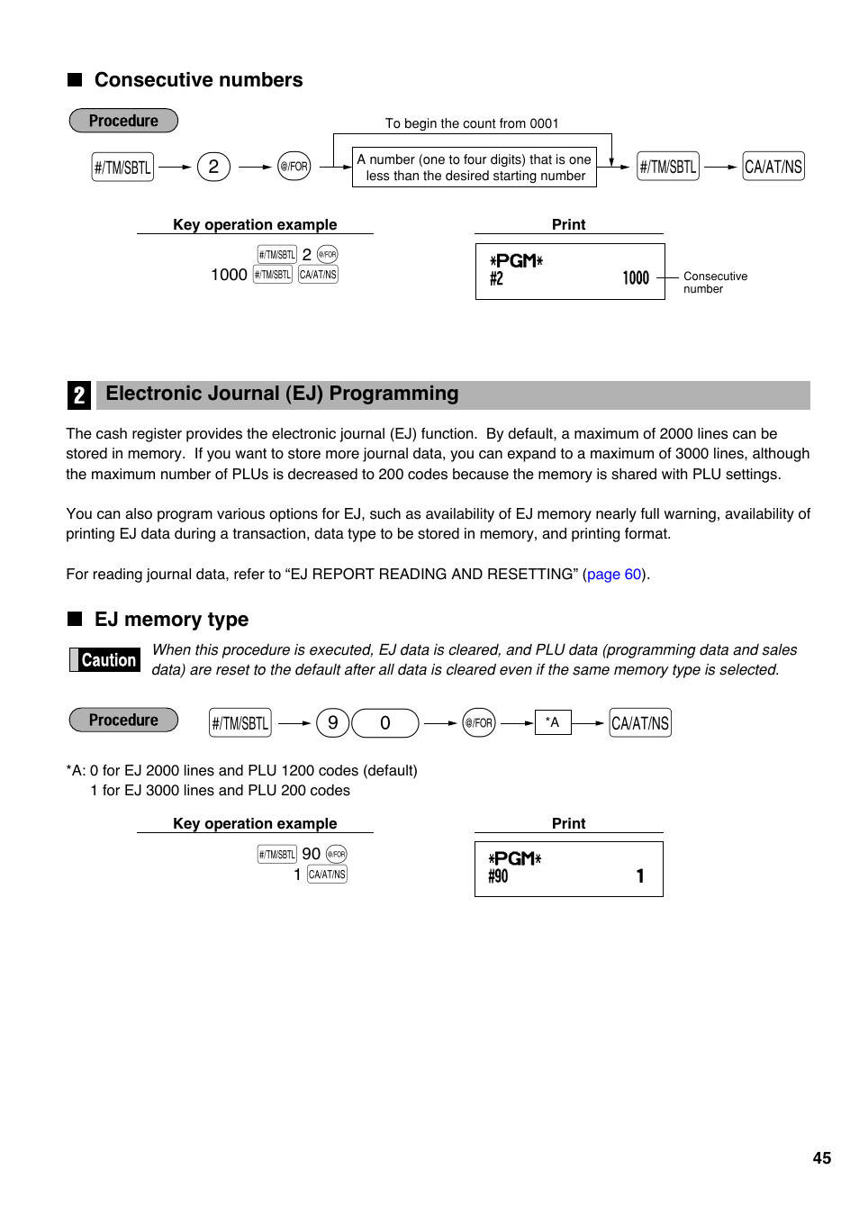 Consecutive numbers, 2 electronic journal (ej) programming, Ej memory type | S@ 90 a, 2s @ s a | Sharp electronic cash register XE-A20S User Manual | Page 47 / 108