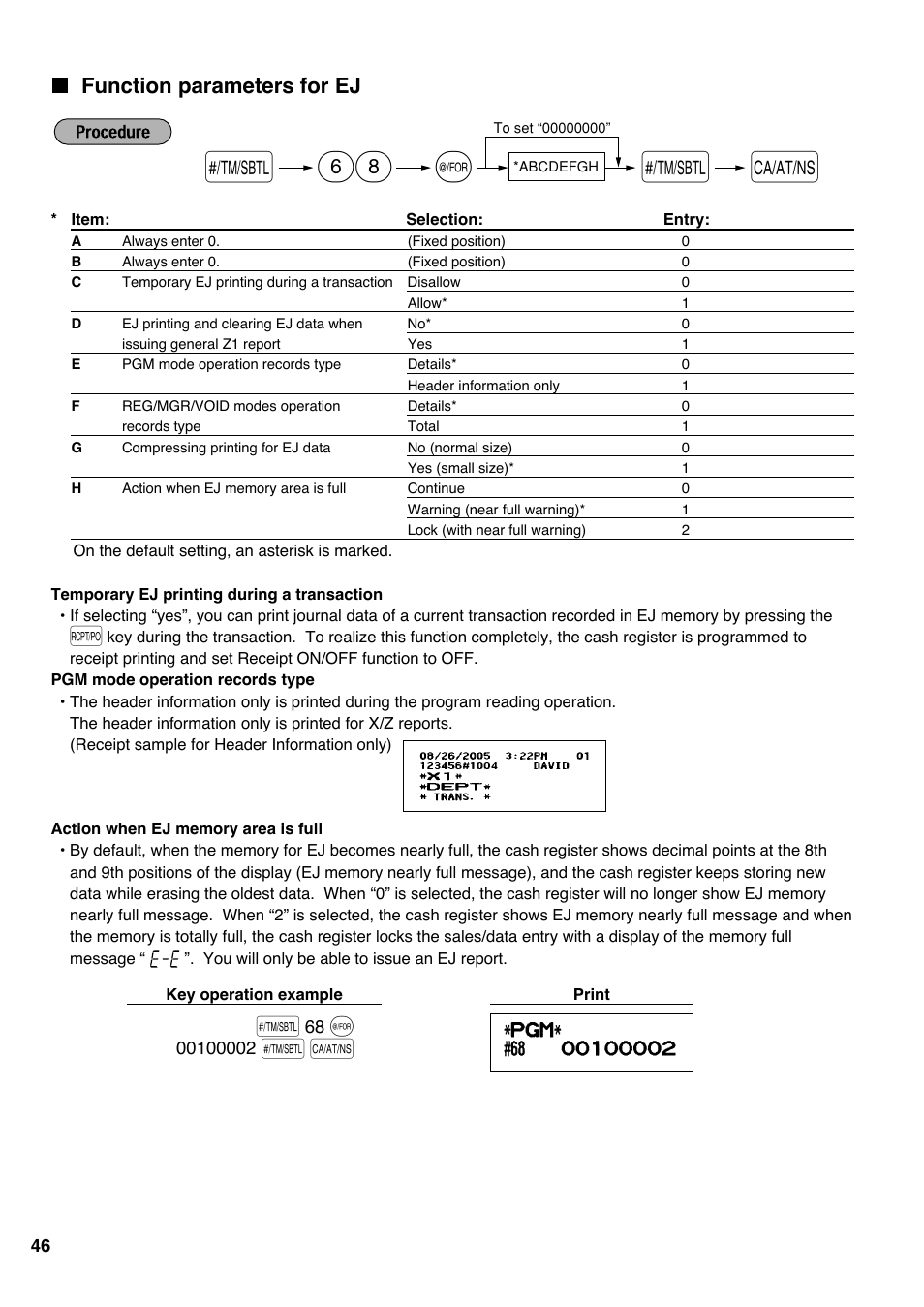 Function parameters for ej | Sharp electronic cash register XE-A20S User Manual | Page 48 / 108