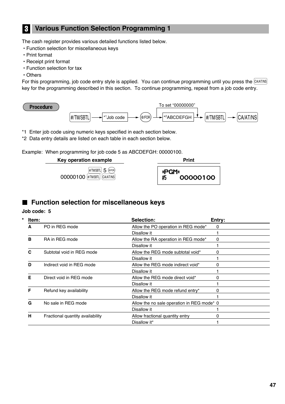 3 various function selection programming 1, Function selection for miscellaneous keys, Various function selection programming 1 | Sharp electronic cash register XE-A20S User Manual | Page 49 / 108