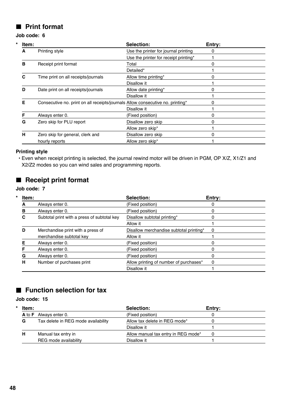 Print format, Receipt print format, Function selection for tax | Sharp electronic cash register XE-A20S User Manual | Page 50 / 108