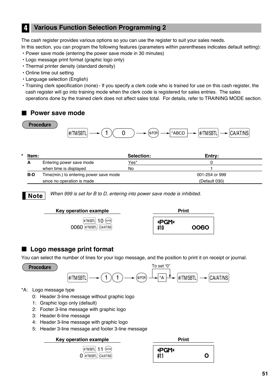 4 various function selection programming 2, Power save mode, Logo message print format | Power save mode logo message print format | Sharp electronic cash register XE-A20S User Manual | Page 53 / 108