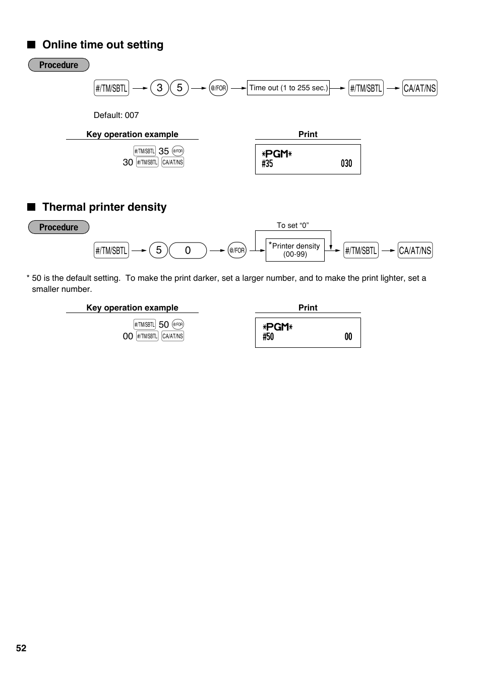 Online time out setting, Thermal printer density, Online time out setting thermal printer density | Sharp electronic cash register XE-A20S User Manual | Page 54 / 108