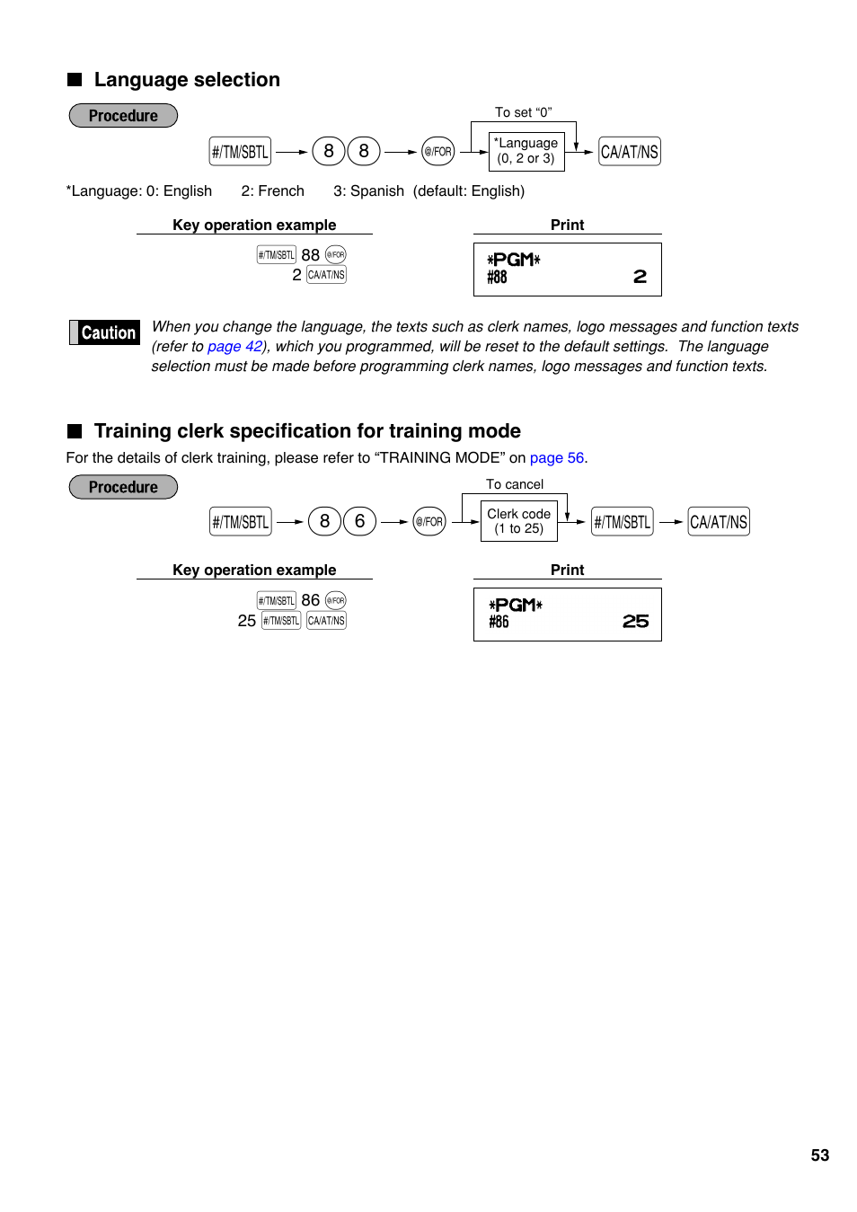 Language selection, Training clerk specification for training mode | Sharp electronic cash register XE-A20S User Manual | Page 55 / 108