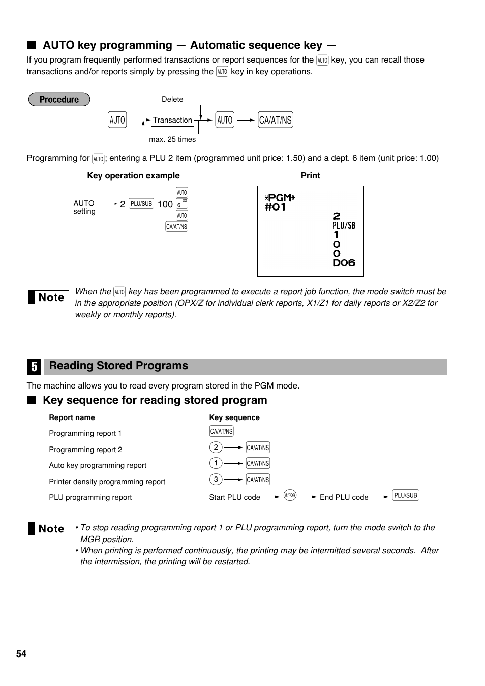 Auto key programming — automatic sequence key, 5 reading stored programs, Key sequence for reading stored program | Auto key programming, 5 reading stored program | Sharp electronic cash register XE-A20S User Manual | Page 56 / 108