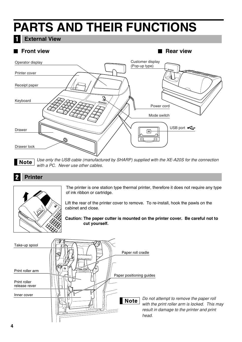 Parts and their functions, 1 external view, Front view | Rear view, 2 printer, 1 external view 2 printer, Front view rear view external view, Printer | Sharp electronic cash register XE-A20S User Manual | Page 6 / 108