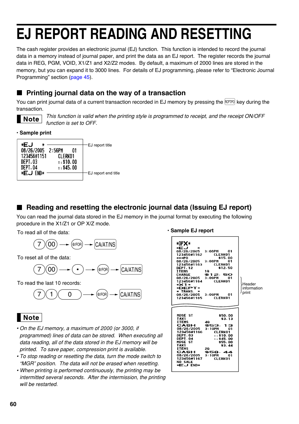 Ej report reading and resetting, Printing journal data on the way of a transaction, For details of removing the drawer and | A@ 710, A@ 7 | Sharp electronic cash register XE-A20S User Manual | Page 62 / 108