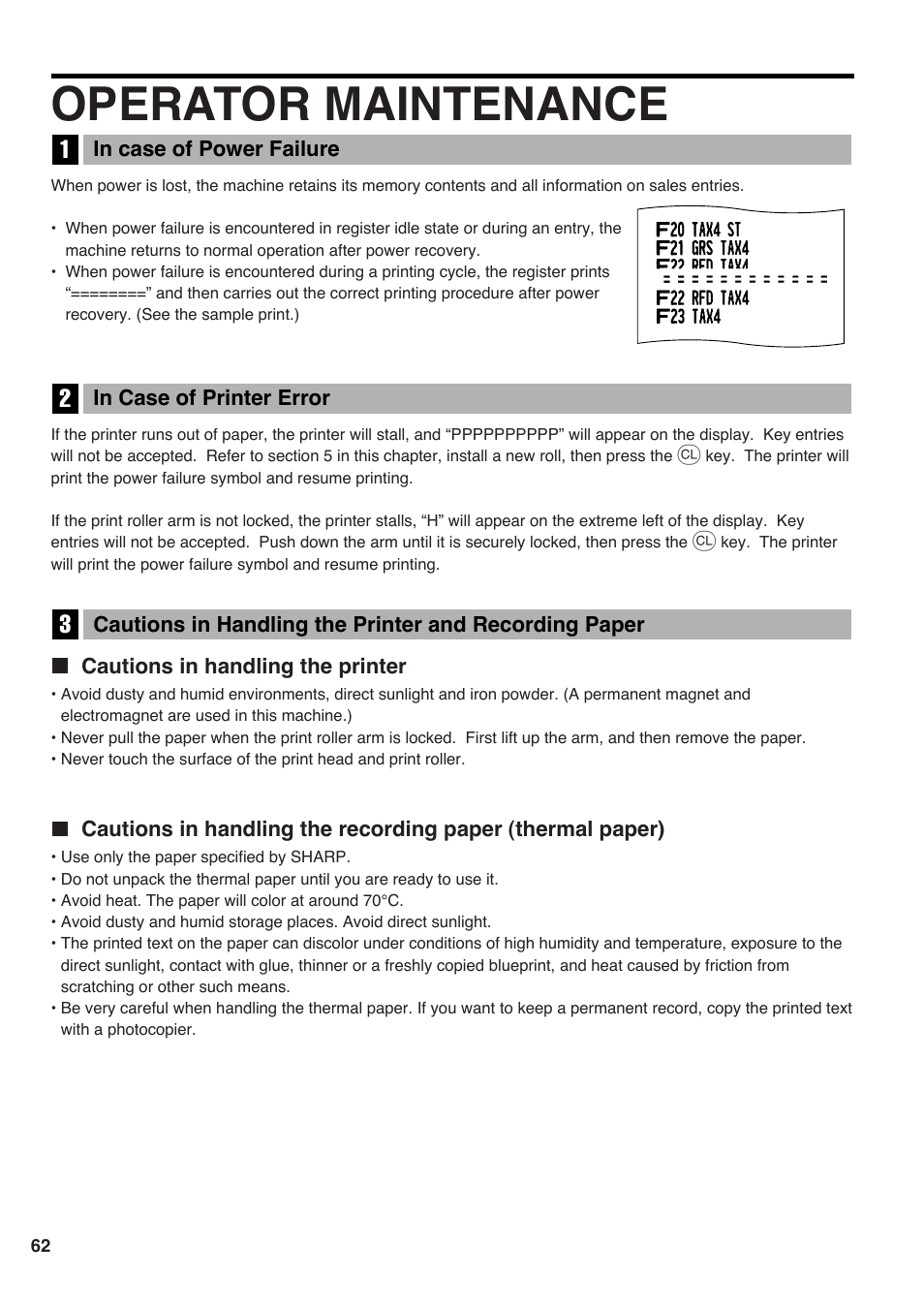 Operator maintenance, 1 in case of power failure, 2 in case of printer error | Cautions in handling the printer | Sharp electronic cash register XE-A20S User Manual | Page 64 / 108