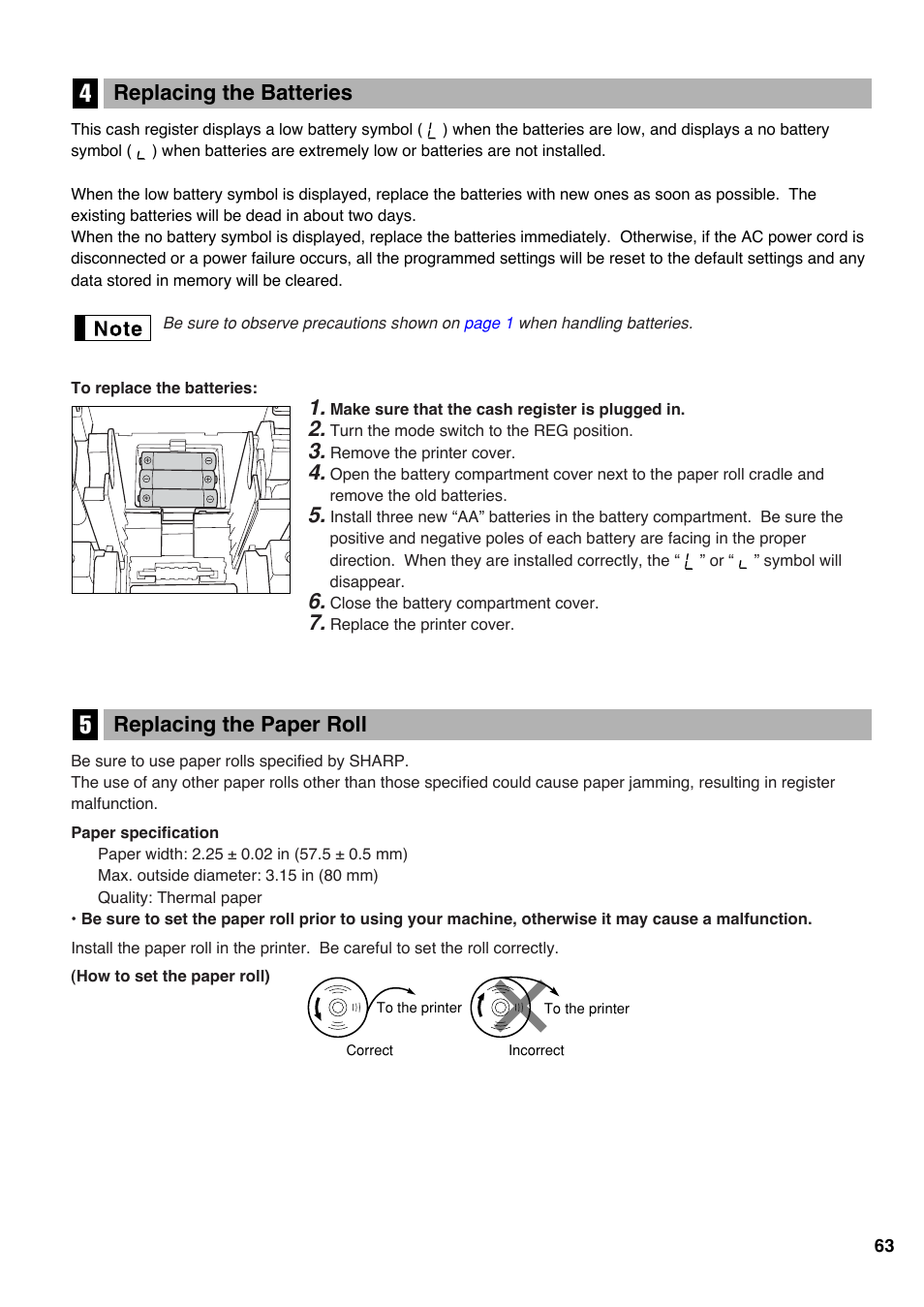 4 replacing the batteries, 5 replacing the paper roll, For details | New ones immediately. refer to, Replacing the paper roll, Replacing the batteries | Sharp electronic cash register XE-A20S User Manual | Page 65 / 108
