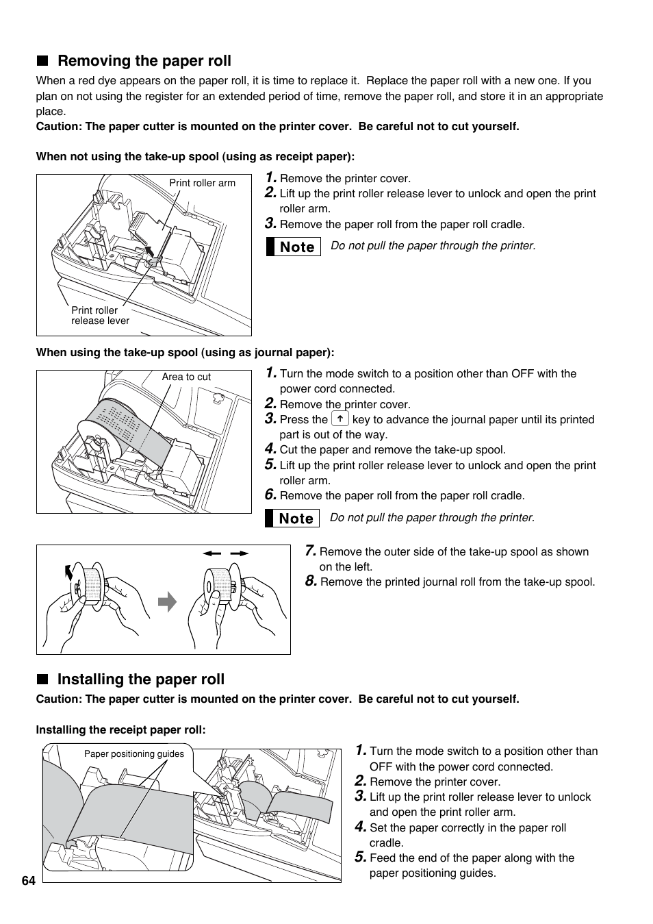 Removing the paper roll, Installing the paper roll | Sharp electronic cash register XE-A20S User Manual | Page 66 / 108