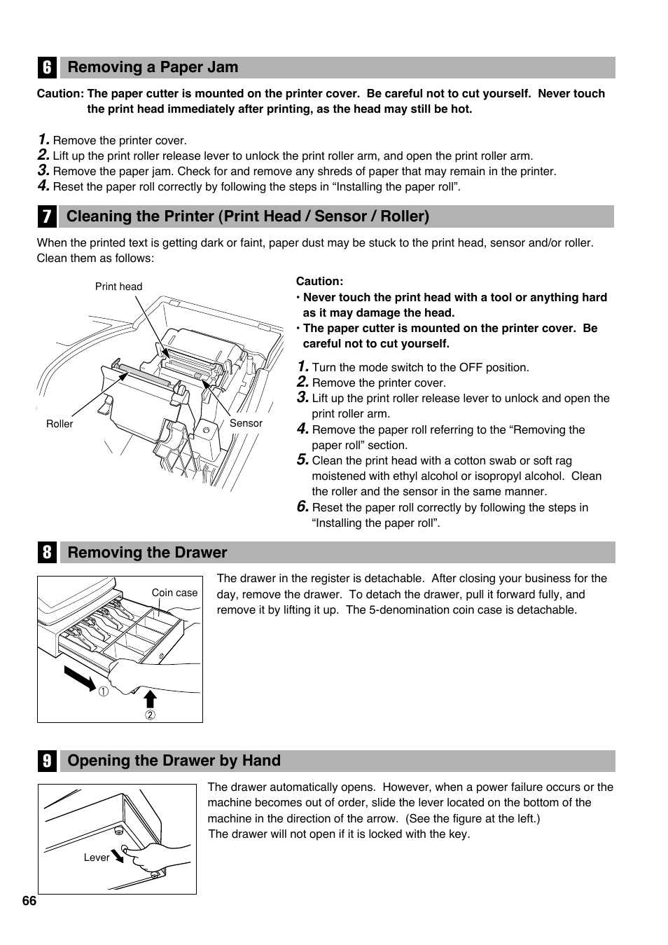 6 removing a paper jam, 8 removing the drawer, 9 opening the drawer by hand | Opening the drawer by hand, Removing the drawer, Removing a paper jam | Sharp electronic cash register XE-A20S User Manual | Page 68 / 108