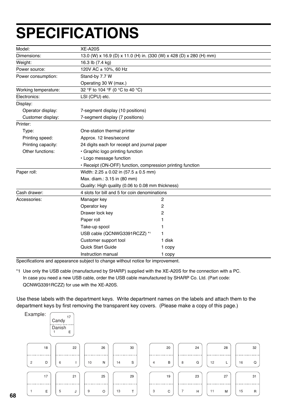 Specifications | Sharp electronic cash register XE-A20S User Manual | Page 70 / 108