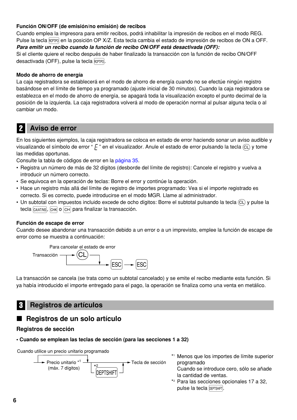 2 aviso de error, 3 registros de artículos, Registros de un solo artículo | 2 aviso de error 3 registros de artículos | Sharp electronic cash register XE-A20S User Manual | Page 76 / 108