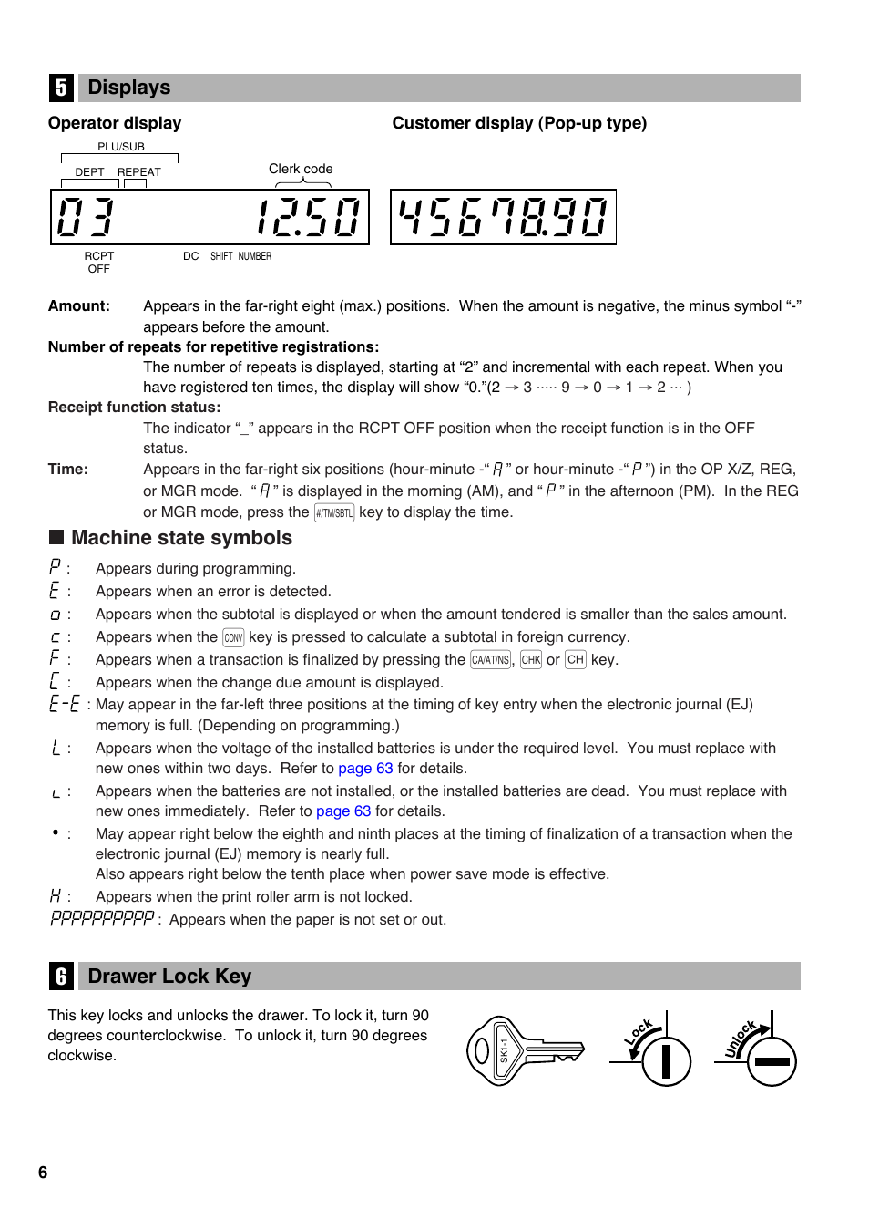 5 displays, Machine state symbols, 6 drawer lock key | 5 displays 6 drawer lock key, Drawer lock key, Displays | Sharp electronic cash register XE-A20S User Manual | Page 8 / 108