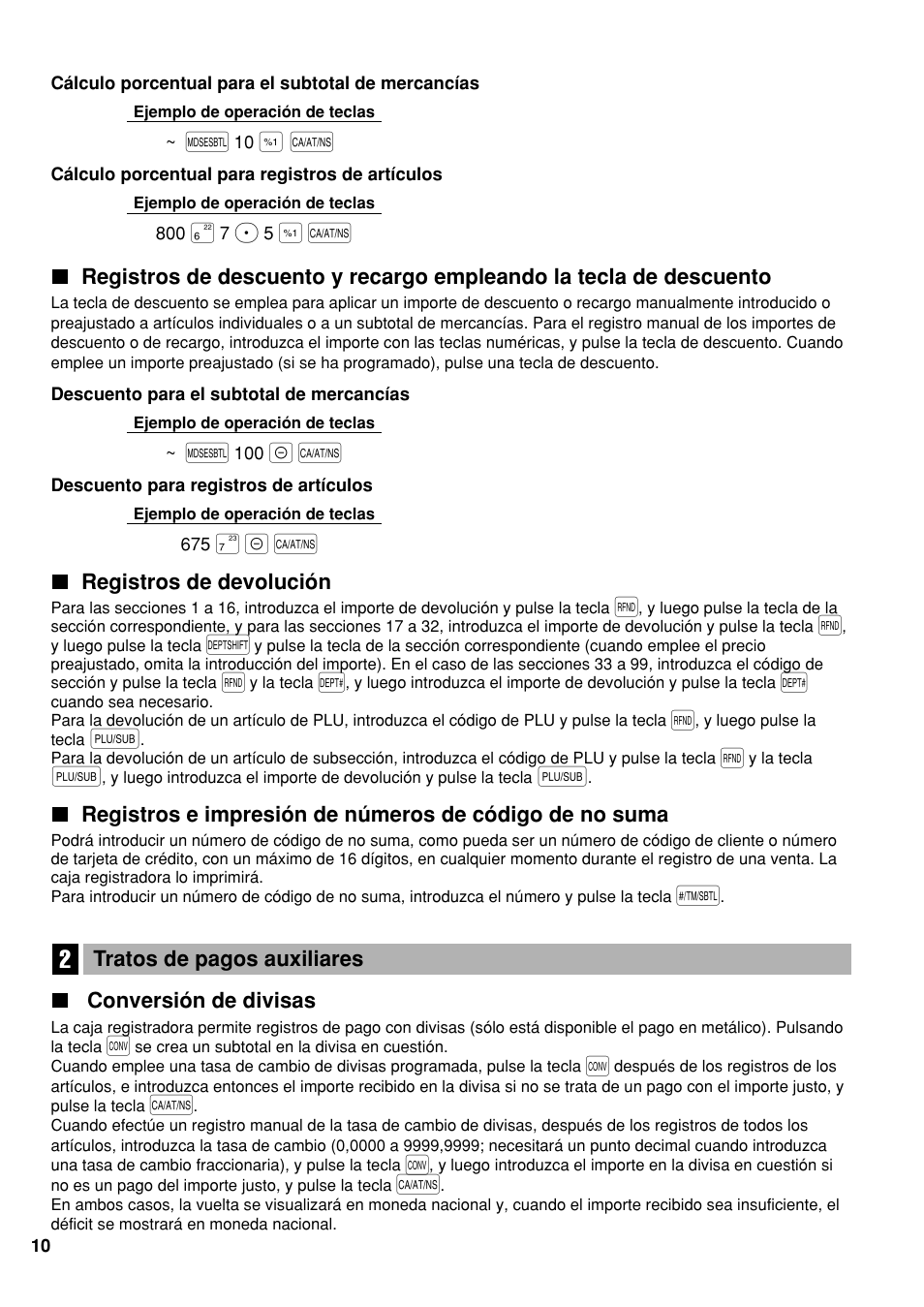 Registros de devolución, 2 tratos de pagos auxiliares, Conversión de divisas | Sharp electronic cash register XE-A20S User Manual | Page 80 / 108