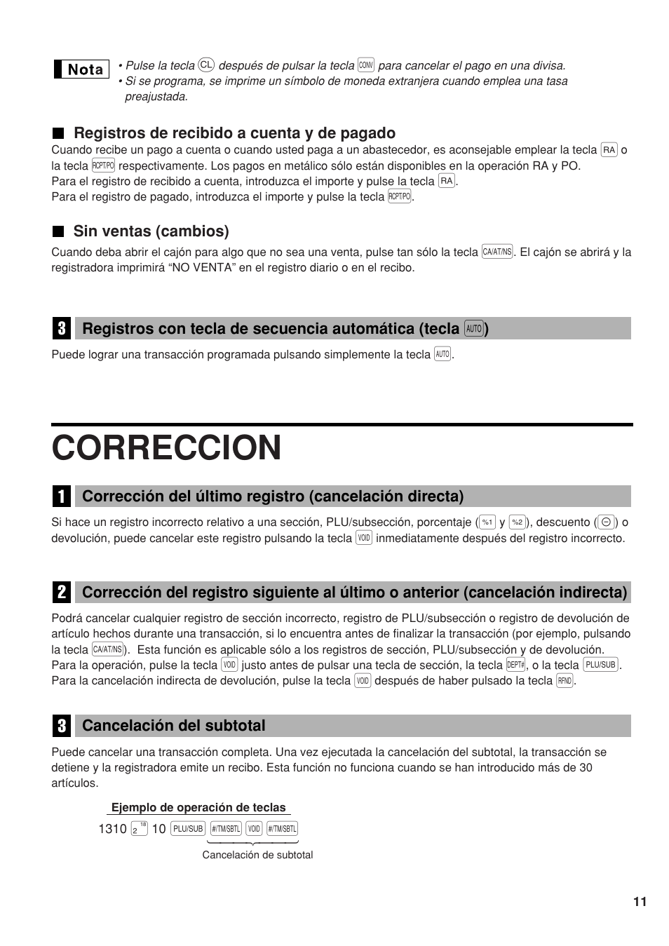 Registros de recibido a cuenta y de pagado, Sin ventas (cambios), Correccion | 3 cancelación del subtotal, P s v s | Sharp electronic cash register XE-A20S User Manual | Page 81 / 108