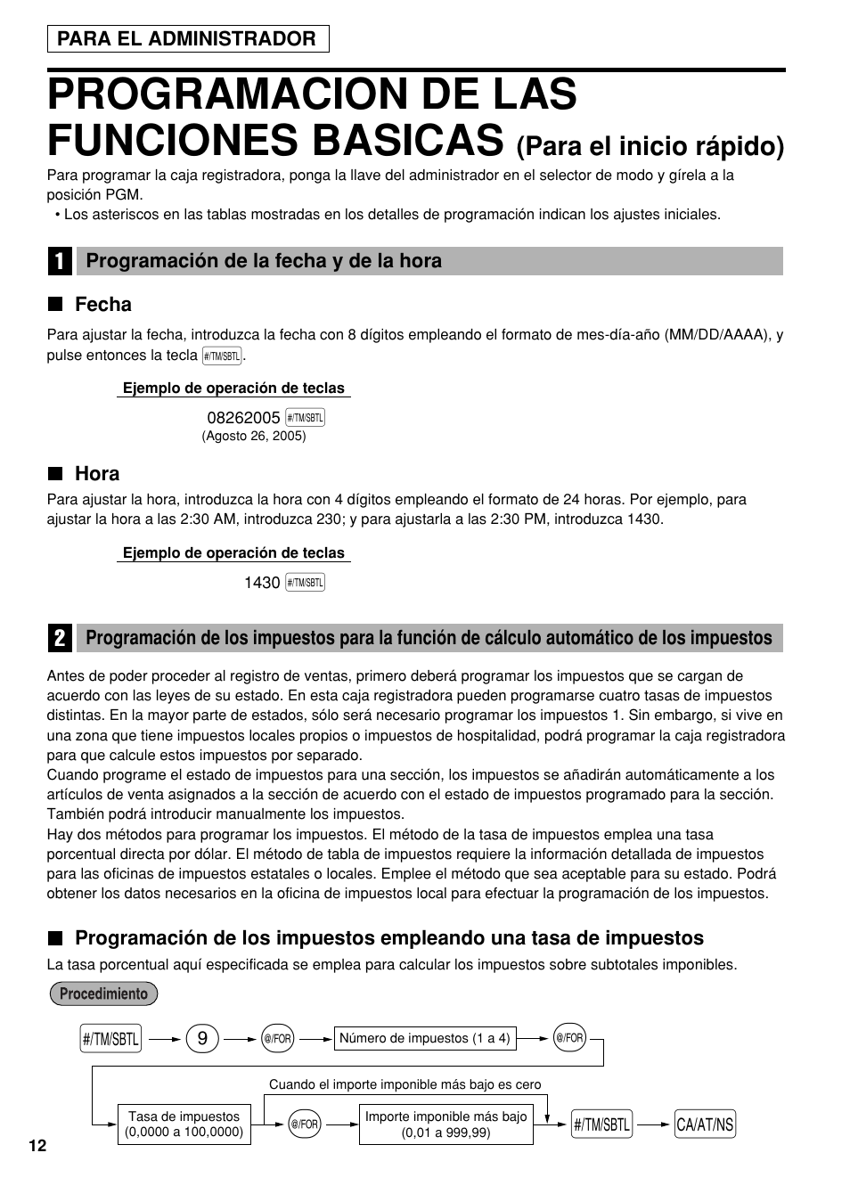 1 programación de la fecha y de la hora, Fecha, Hora | Programacion de las funciones basicas, S@ 9 @ @ s a, Para el inicio rápido) | Sharp electronic cash register XE-A20S User Manual | Page 82 / 108