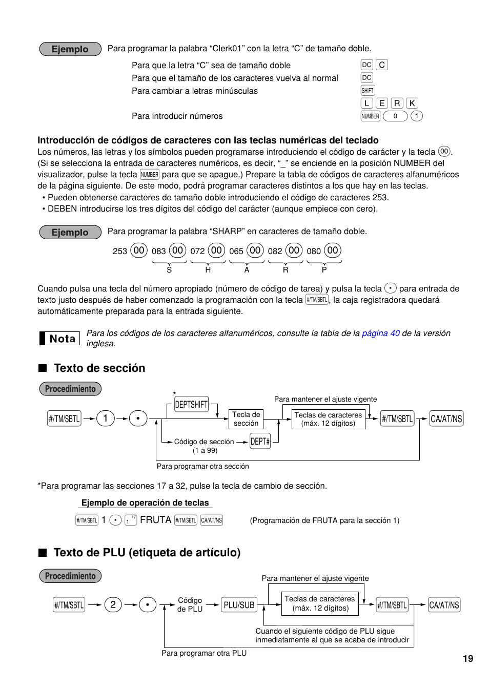 Texto de sección, Texto de plu (etiqueta de artículo), S 1 p d s | Sp 2 p, N 0 1 | Sharp electronic cash register XE-A20S User Manual | Page 89 / 108