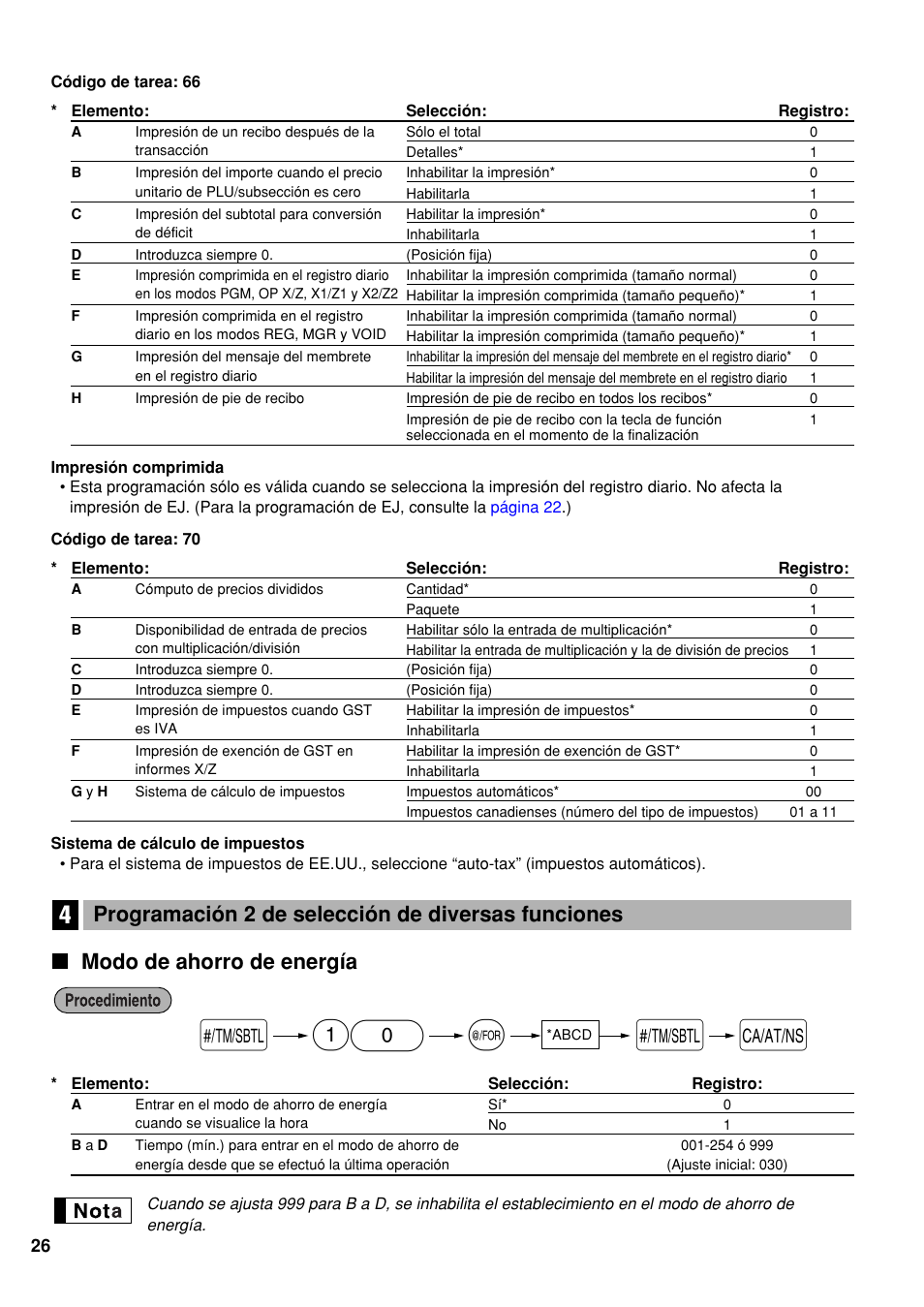 Modo de ahorro de energía, Programación 2 de selección de diversas funciones | Sharp electronic cash register XE-A20S User Manual | Page 96 / 108