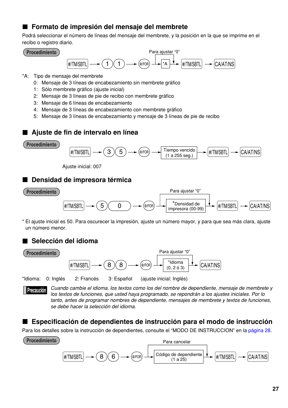 Formato de impresión del mensaje del membrete, Ajuste de fin de intervalo en línea, Densidad de impresora térmica | Selección del idioma | Sharp electronic cash register XE-A20S User Manual | Page 97 / 108