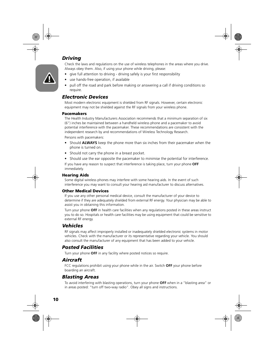 Driving, Electronic devices, Vehicles | Posted facilities, Aircraft, Blasting areas | Motorola V2088 User Manual | Page 16 / 80