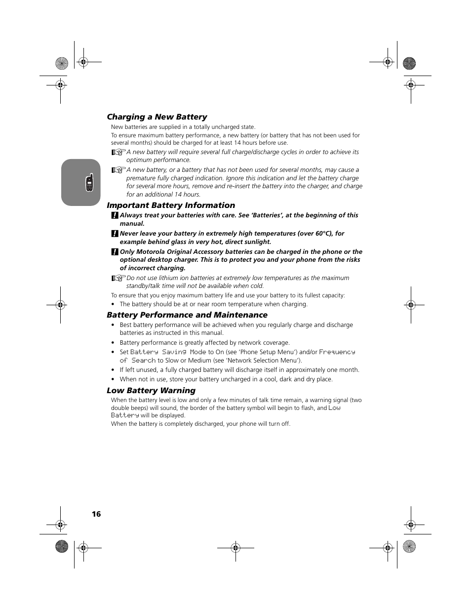 Your battery | Motorola V2088 User Manual | Page 22 / 80