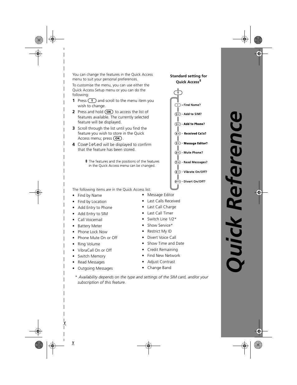 Quick reference, Customising the quick access menu | Motorola V2088 User Manual | Page 6 / 80