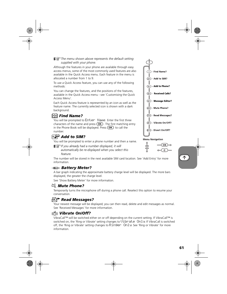 Using the quick access menu | Motorola V2088 User Manual | Page 67 / 80