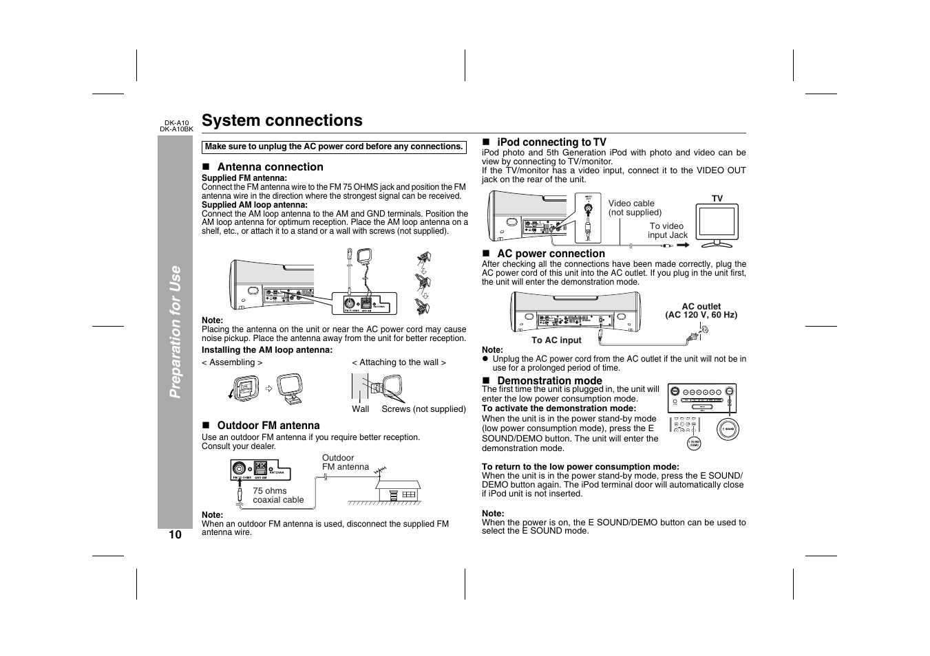 Preparation for use, System connections, Table | Table body, Table row, N antenna connection, Supplied fm antenna, Graphic, Assembling, Attaching to the wall | Sharp DK-A10 User Manual | Page 10 / 30