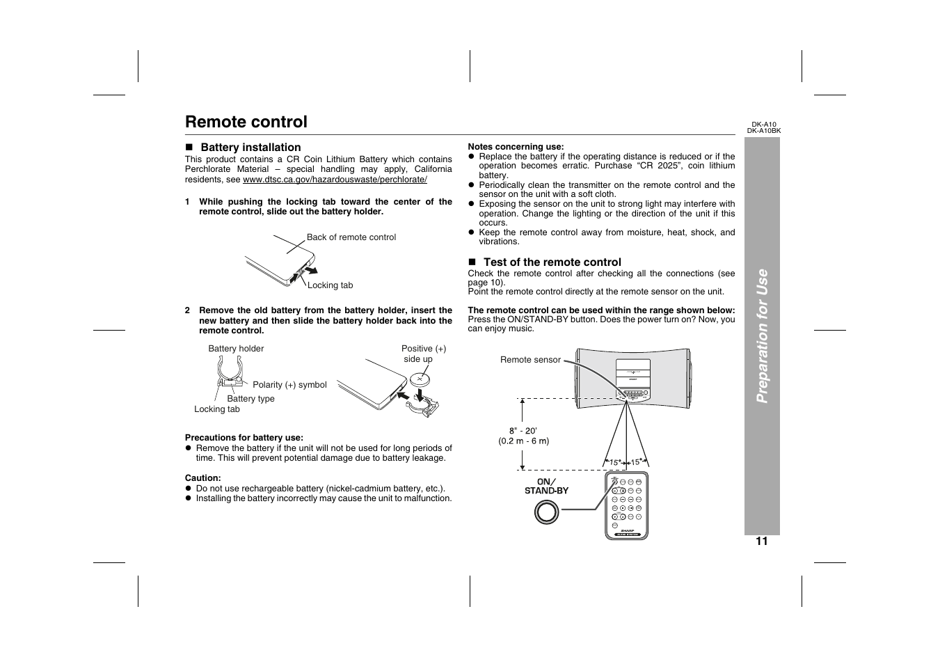 Preparation for use, Remote control, N battery installation | Table, Table body, Table row, N test of the remote control, Graphic | Sharp DK-A10 User Manual | Page 11 / 30