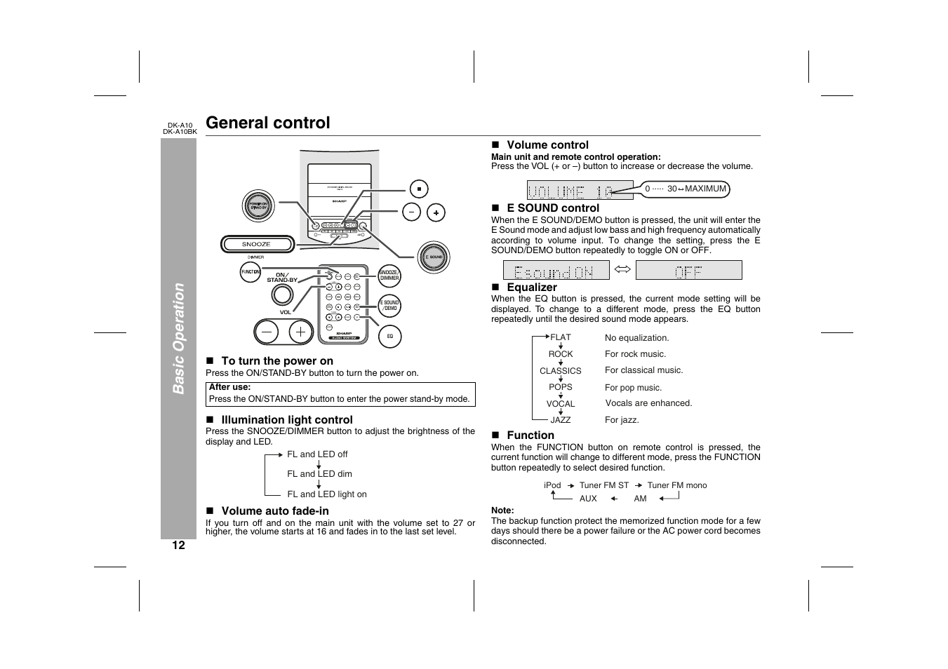 Basic operation, General control, Graphic | N to turn the power on, Press the on/stand-by button to turn the power on, Table, Table body, Table row, After use, N illumination light control | Sharp DK-A10 User Manual | Page 12 / 30