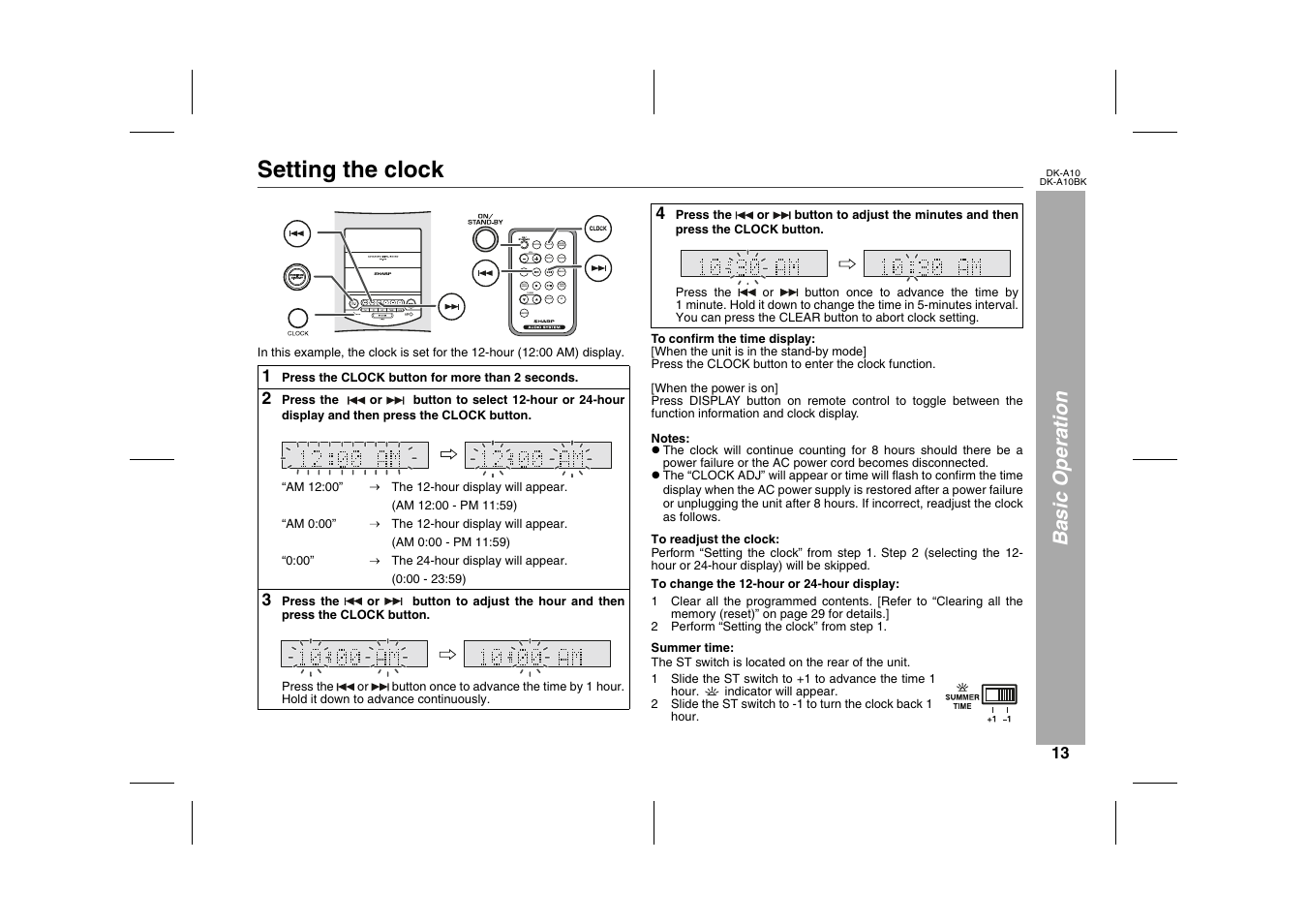 Basic operation, Setting the clock, Graphic | Table, Table body, Table row, 1 press the clock button for more than 2 seconds, 2 press the, Am 12:00, The 12-hour display will appear | Sharp DK-A10 User Manual | Page 13 / 30