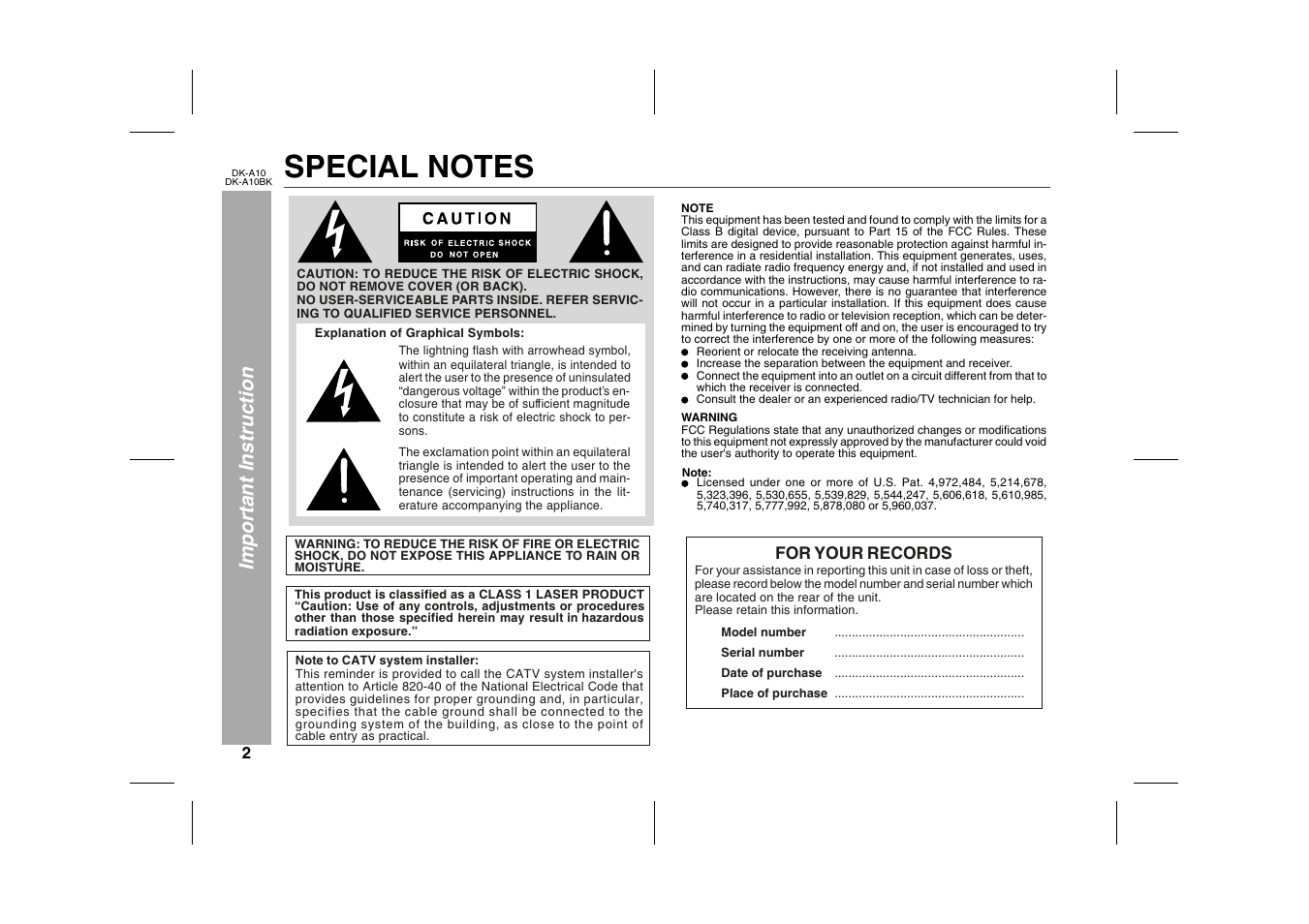 Important instruction, Special notes, Graphic | For your records | Sharp DK-A10 User Manual | Page 2 / 30