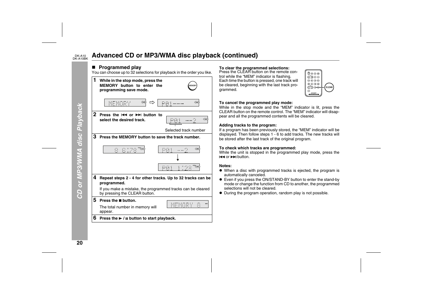 Cd or mp3/wma disc playback, Advanced cd or mp3/wma disc playback (continued), N programmed play | Table, Table body, Table row, 2 press the or button to select the desired track, 2 press the, Selected track number, 3 press the memory button to save the track number | Sharp DK-A10 User Manual | Page 20 / 30