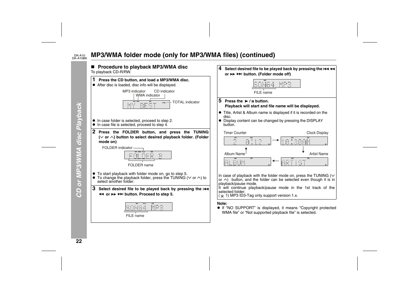 Cd or mp3/wma disc playback, N procedure to playback mp3/wma disc, To playback cd-r/rw | Table, Table body, Table row, 1 press the cd button, and load a mp3/wma disc, Graphic, L in case folder is selected, proceed to step 2, L in case file is selected, proceed to step 4 | Sharp DK-A10 User Manual | Page 22 / 30