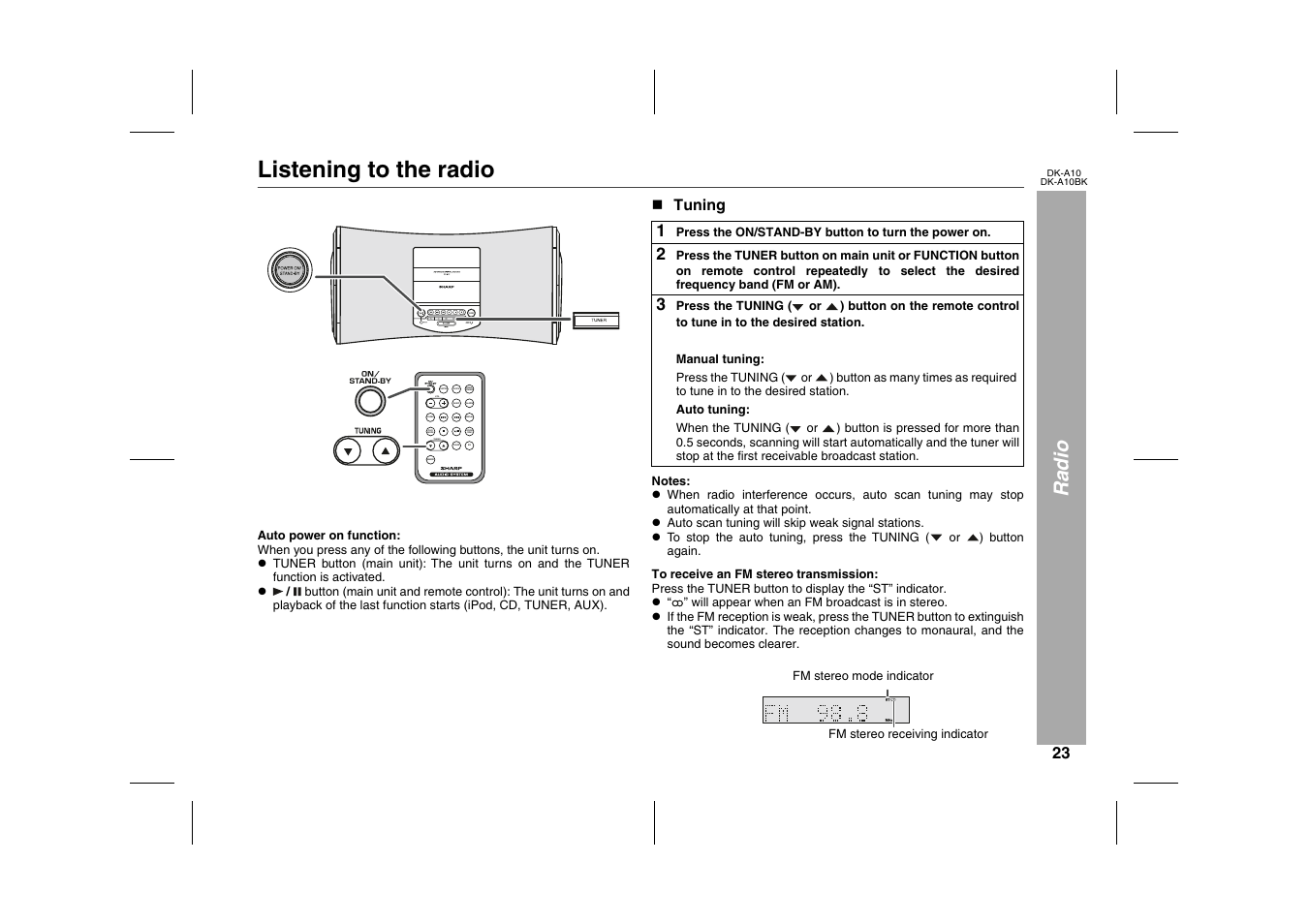 Radio, Listening to the radio, Graphic | N tuning, Table, Table body, Table row, 3 press the tuning, Manual tuning, Press the tuning | Sharp DK-A10 User Manual | Page 23 / 30