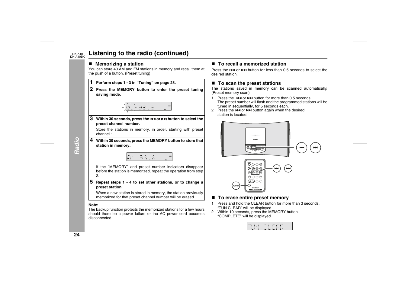 Radio, Listening to the radio (continued), N memorizing a station | Table, Table body, Table row, 3 within 30 seconds, press the, N to recall a memorized station, Press the, N to scan the preset stations | Sharp DK-A10 User Manual | Page 24 / 30