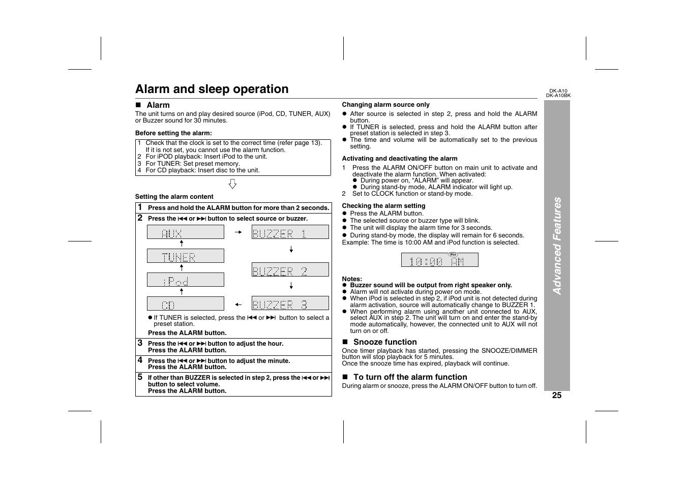 Advanced features, Alarm and sleep operation, N alarm | Table, Table body, Table row, For ipod playback: insert ipod to the unit, For tuner: set preset memory, For cd playback: insert disc to the unit, Graphic | Sharp DK-A10 User Manual | Page 25 / 30