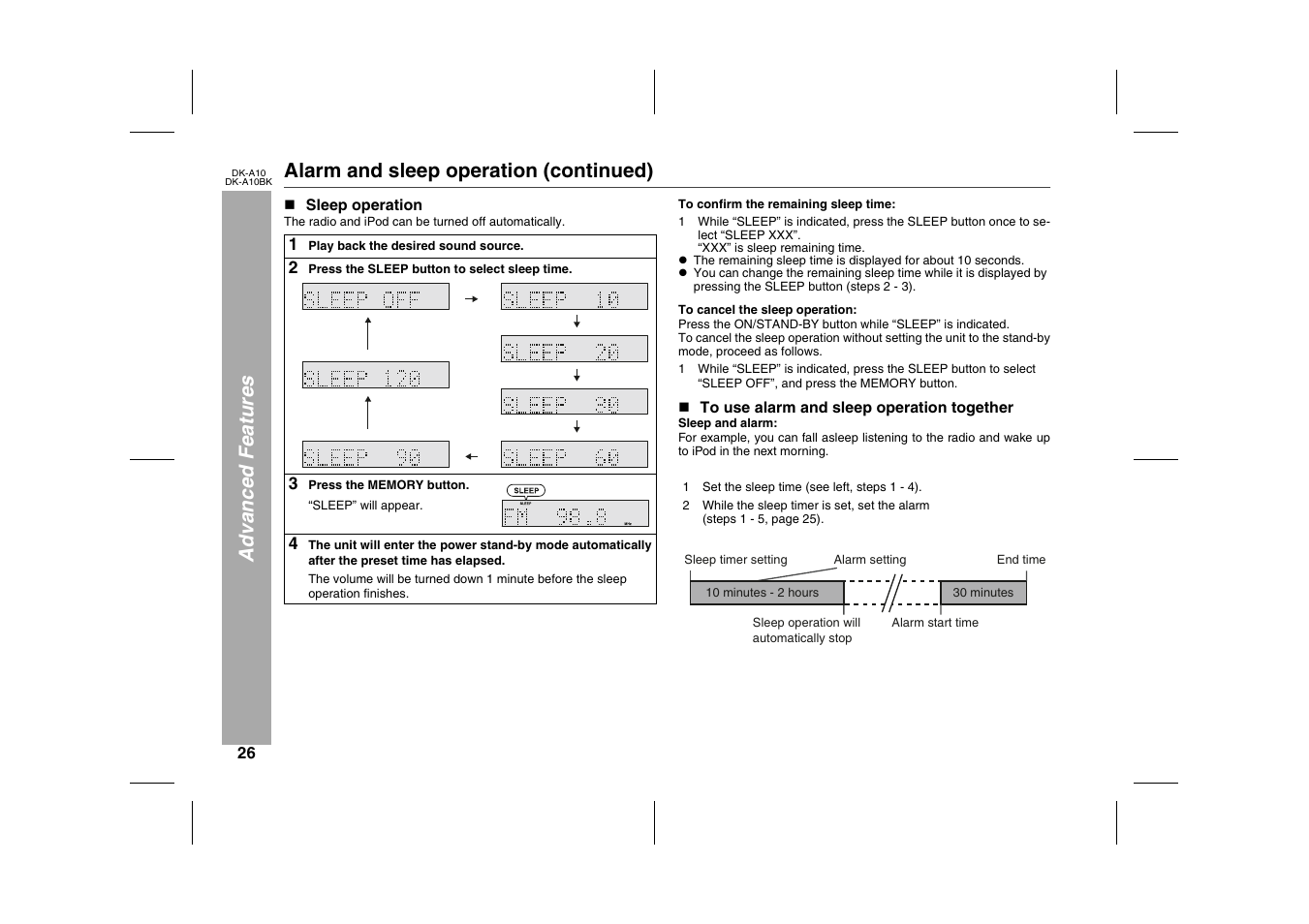 Advanced features, Alarm and sleep operation (continued), N sleep operation | The radio and ipod can be turned off automatically, Table, Table body, Table row, 1 play back the desired sound source, 2 press the sleep button to select sleep time, 3 press the memory button | Sharp DK-A10 User Manual | Page 26 / 30