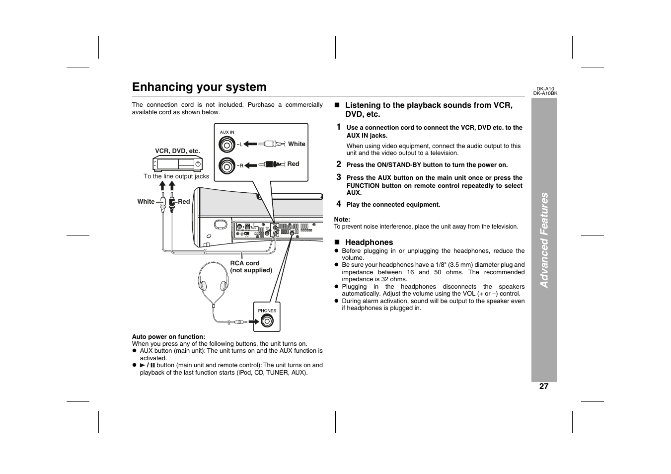 Advanced features, Enhancing your system, Graphic | Table, Table body, Table row, 4 play the connected equipment, N headphones | Sharp DK-A10 User Manual | Page 27 / 30