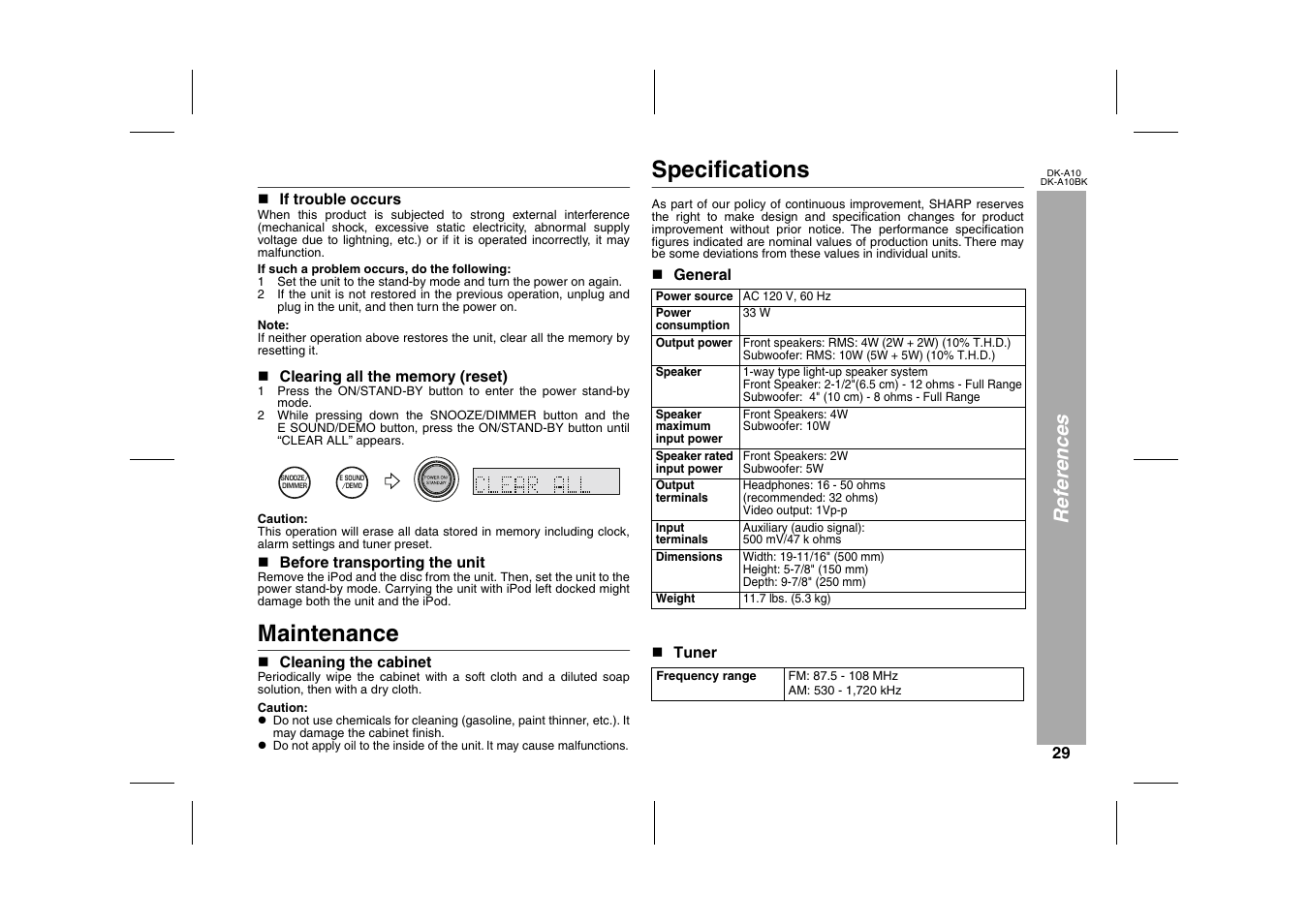 References, N if trouble occurs, If such a problem occurs, do the following | N clearing all the memory (reset), Graphic, N before transporting the unit, Maintenance, N cleaning the cabinet, Specifications, N general | Sharp DK-A10 User Manual | Page 29 / 30