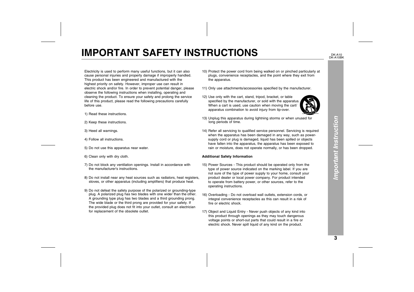 Important instruction, Important safety instructions, Graphic | Sharp DK-A10 User Manual | Page 3 / 30