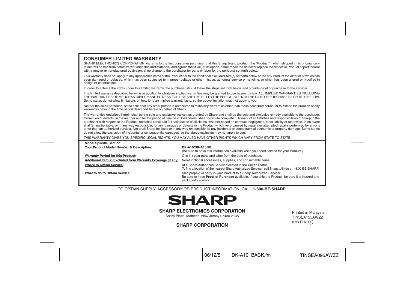 Sharp DK-A10 User Manual | Page 30 / 30