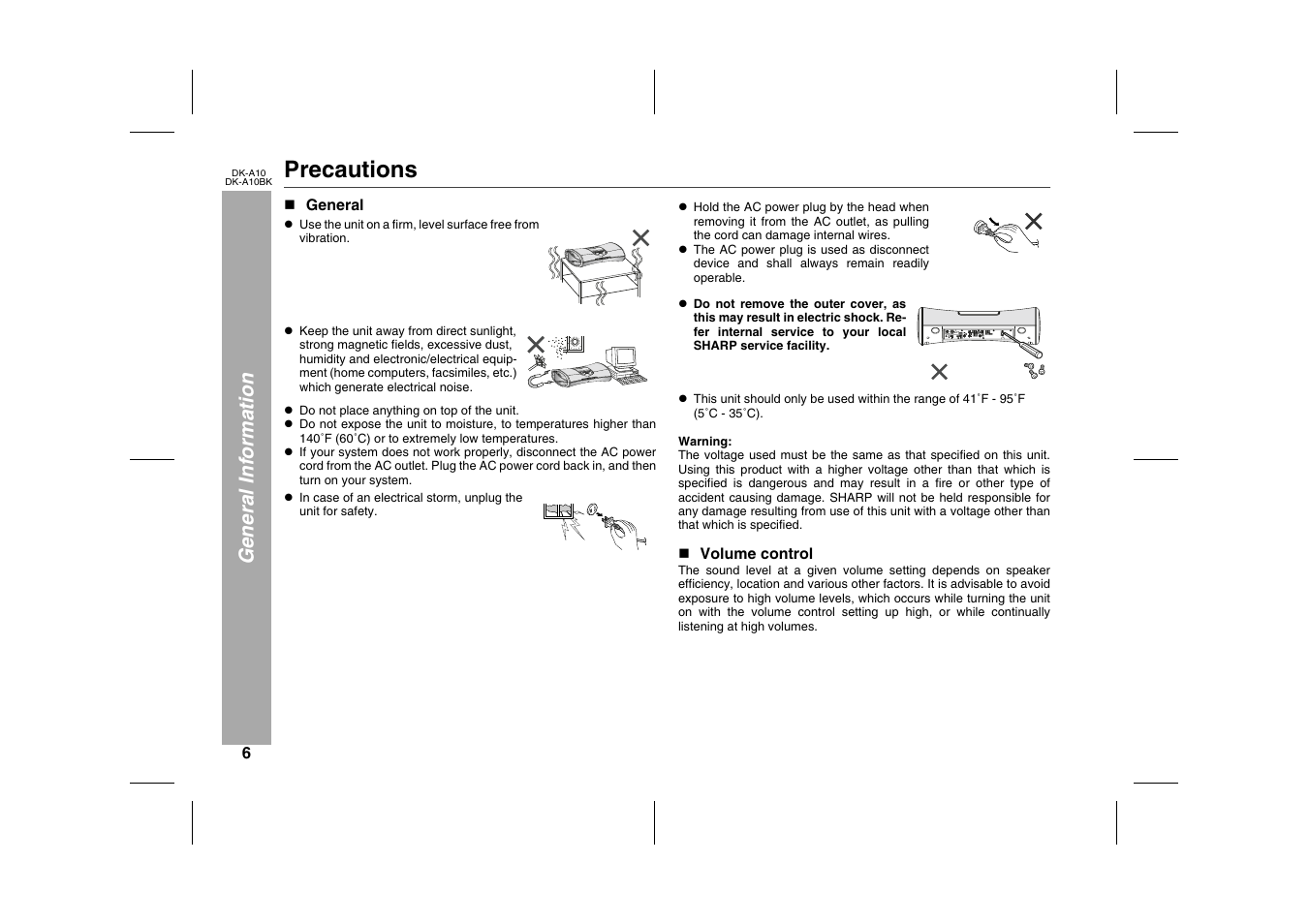 General information, Precautions, N general | Table, Table body, Table row, L do not place anything on top of the unit, N volume control | Sharp DK-A10 User Manual | Page 6 / 30