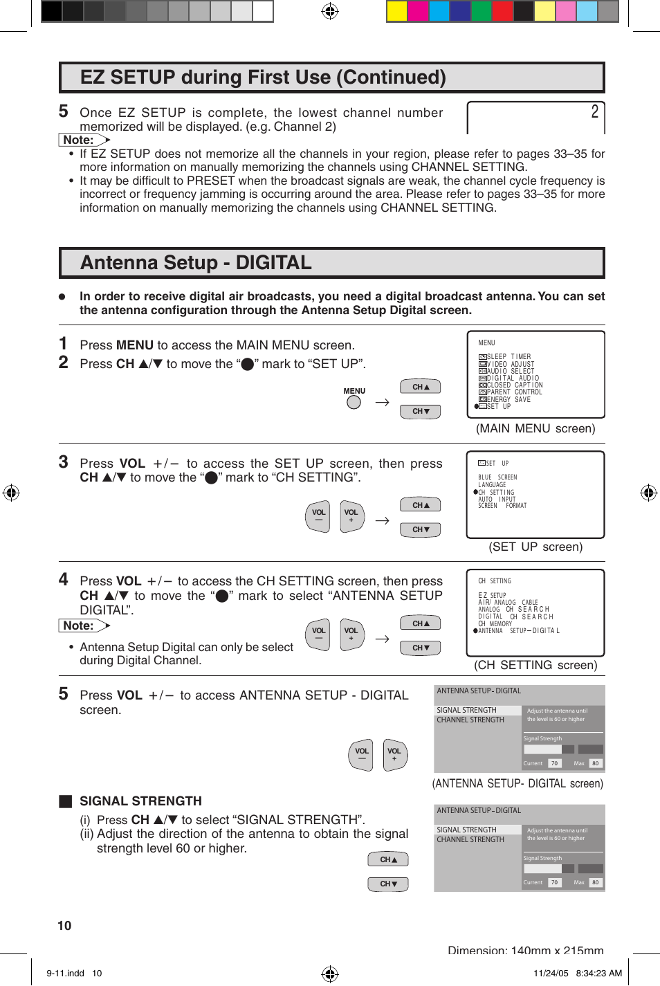 Ez setup during first use (continued), Antenna setup - digital, Press menu to access the main menu screen | Press ch a/s to move the “e” mark to “set up | Sharp 27SC260 User Manual | Page 10 / 54