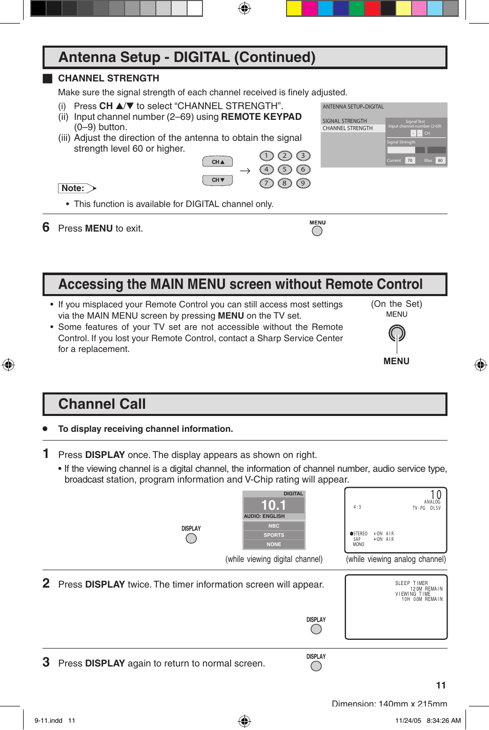 Antenna setup - digital (continued), Channel call | Sharp 27SC260 User Manual | Page 11 / 54