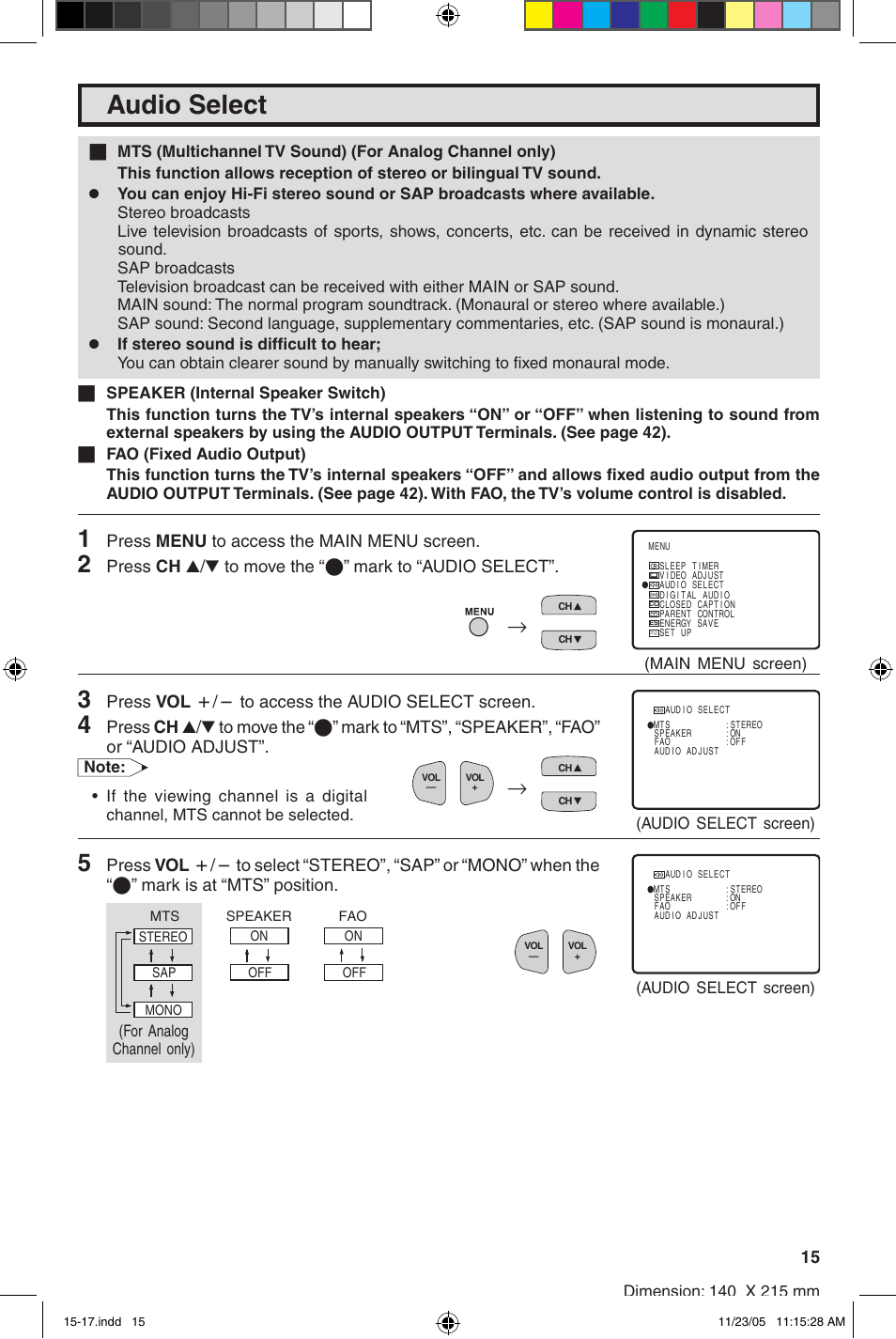 Audio select | Sharp 27SC260 User Manual | Page 15 / 54